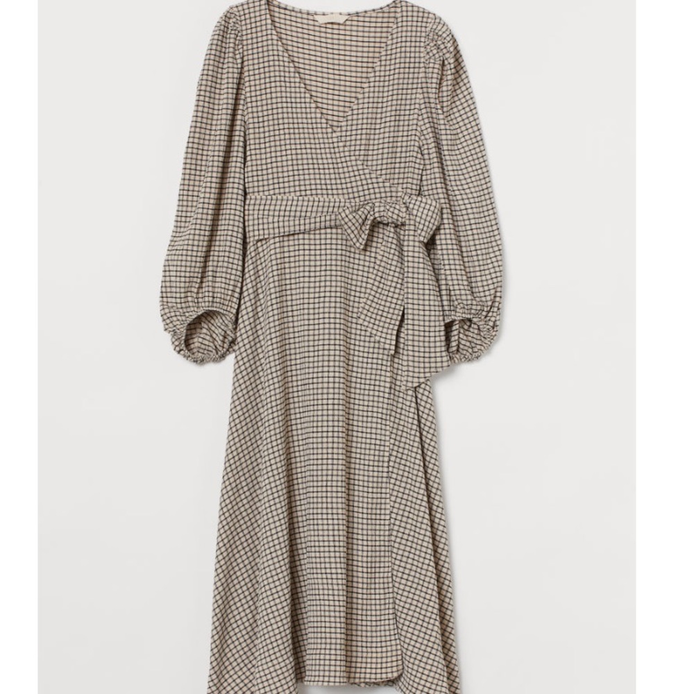 NWOT H&M Beige/Black Checkered Jersey Wrap Dress Cottagecore